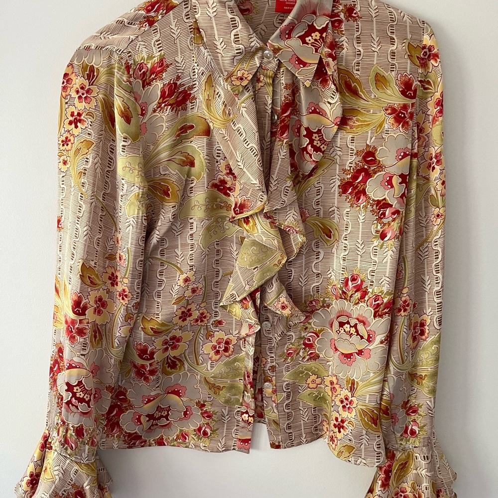 Oscar de la Renta Cream Ruffled Front Blouse